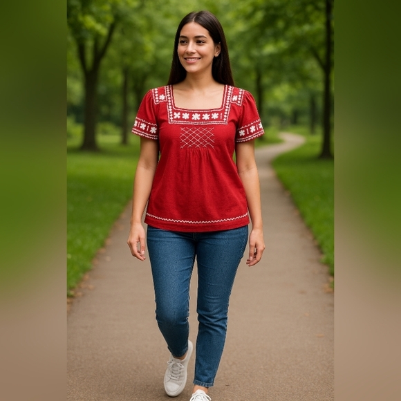 Karen Kane Women's Red White Cotton Blouse with Elegant Embroidery Large - Picture 1 of 7